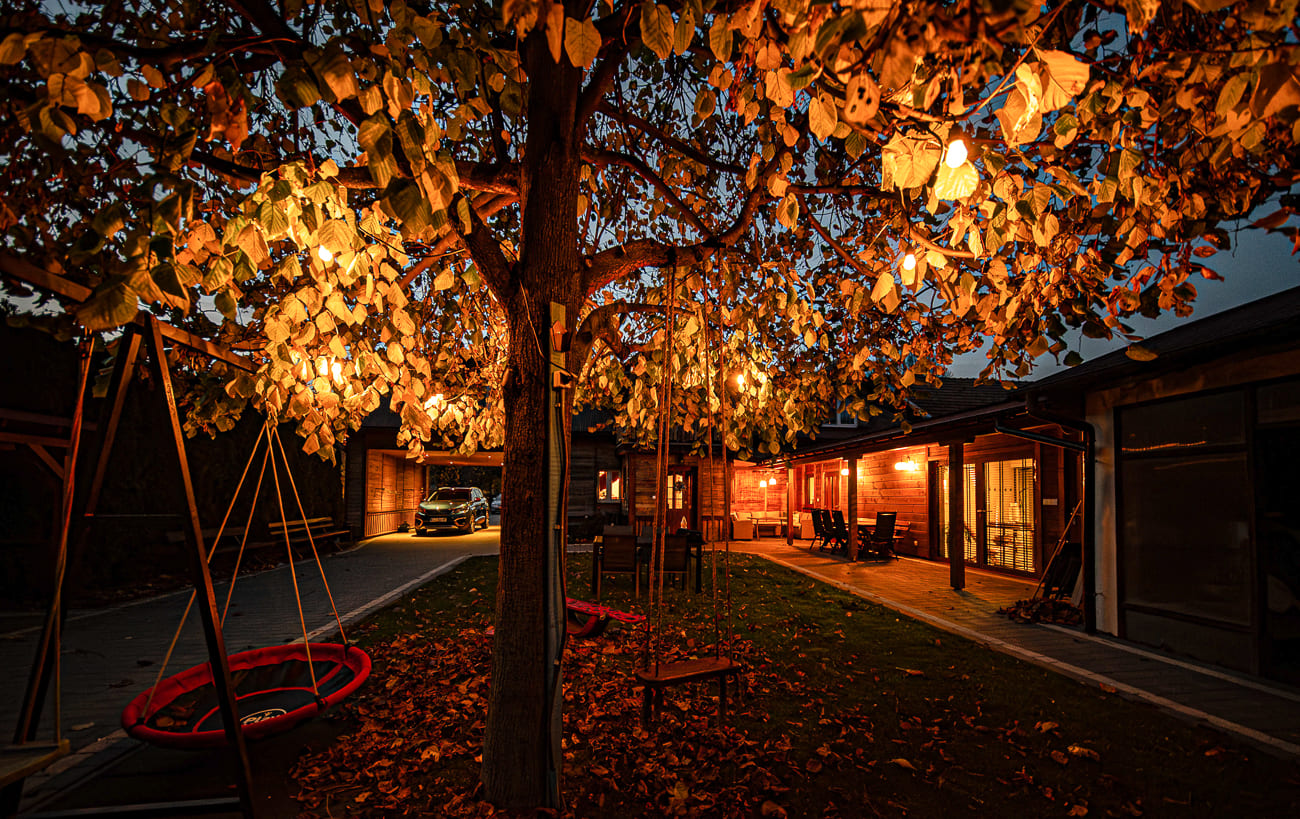 Agroturystyka Za Piecem – Ciepło oświetlone podwórko o zmierzchu przedstawia duże drzewo ze świecącymi lampkami sznurkowymi, huśtawkę pod nim, rozrzucone jesienne liście i nowoczesny dom - idealny na agroturystykę dla rodzin szukających wypoczynku na wsi.