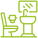 Agroturystyka Za Piecem – Liniowy rysunek łazienki z toaletą, umywalką z baterią i lustrem nad umywalką, wszystko zilustrowane na zielono - idealne dla agroturystyki ze zwierzętami lub noclegi dla rodzin z dziećmi szukających komfortu na wsi.