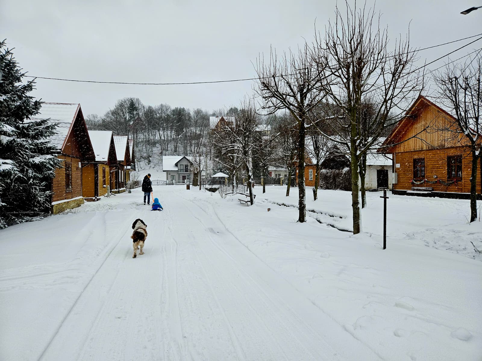 Agroturystyka Za Piecem – Ośnieżona wiejska scena z drewnianymi domami, bezlistnymi drzewami i osobą idącą z dzieckiem na sankach - idealny wypoczynek na wsi. Po zaśnieżonej drodze biegnie pies, a w tle pod zachmurzonym niebem pojawiają się wzgórza i kolejne drzewa.
