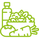 Agroturystyka Za Piecem – Zielony rysunek butelki, miska z sałatką lub owocami, pomidor i marchewka - idealne symbole zdrowych wyborów żywieniowych dla agroturystyki z dziećmi i spa na wsi.